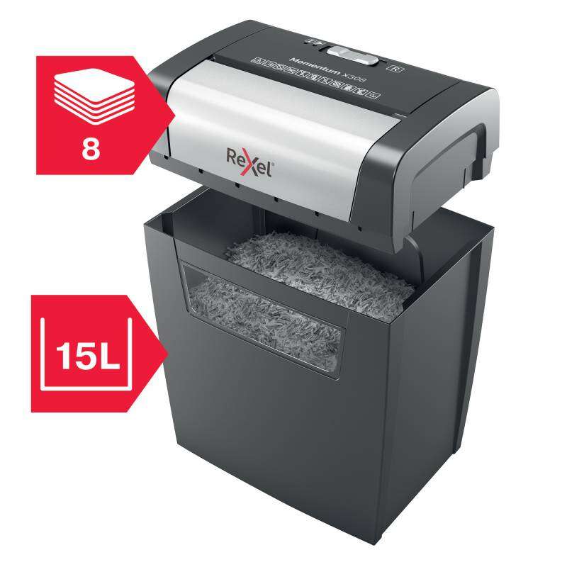 Triturador de Papel Manual Rexel Momentum X308,Corte Confetis P-3 - 3 Minutos de Funcionamento Contínuo - Cesto de 15L - Cinzento