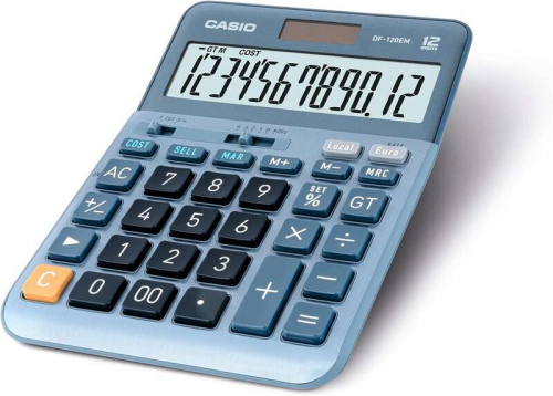 Casio DF-120EM Calculadora de Mesa - Tela Extragrande de 12 Digitos - Energia Solar e a Pilhas - Azul