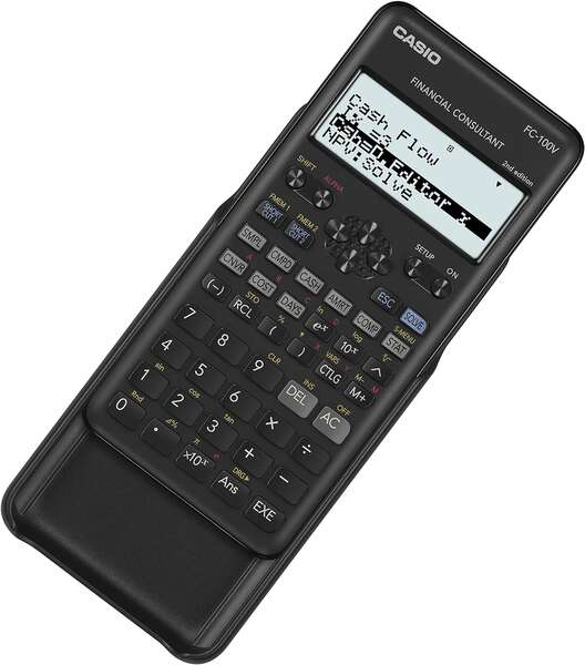 Calculadora financeira Casio FC-100V-2 - Visor de 4 linhas - Apresenta vários parâmetros em simultâneo - Teclas de atalho - Alimentação por bateria