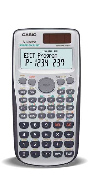 Calculadora de mesa programável Casio FX-3650PII - Visor de 2 linhas - 279 funções - 360 passos de programação - Alimentação por bateria e energia sol