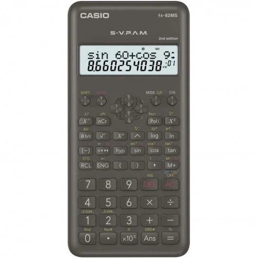 Calculadora Científica Casio FX-82MS 2ª Edição - Visor LCD de 2 linhas - 240 funções integradas - 8 memórias variáveis- Cálculo de percentagens - Alim