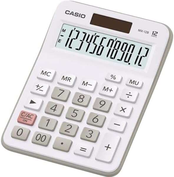 Casio MX-12B Calculadora de Escritorio Pequeña - Tela LCD de 12 Digitos - Solar e Pilhas - Branco