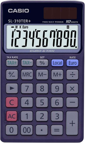 Casio SL-310TER+ Calculadora de Bolsos - Tela LC Extragrande de 10 Digitos - Função Conversor de Euros - Azul Oscuro
