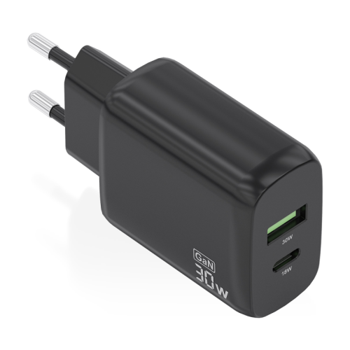 CARREGADOR AISENS GAN 30W,1XUSB-C PD3.0 QC4.0,1XUSB-A QC3.0,PRETO