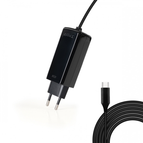 Carregador para portátil Tooq GaN USB-C/PD 45 W - Cabo de 1,80 m - Preto