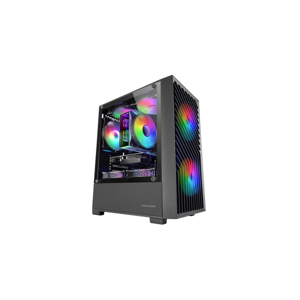 MARS GAMING MC-VORTEX M-ATX COMPUTER CASE GEOMETRIC MESH FRONT &TEMPERED GLASS SIDE PANEL 3X FRGB FANS DUAL CHAMBER DESIGN Preto