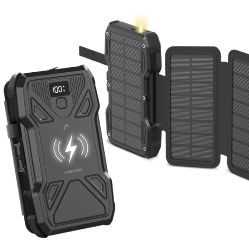 Head Solar Powerbank 10.000 mAh 22,5 W - Carregamento solar com 5 painéis - Display LCD e lanterna - Preto