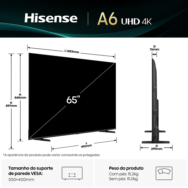 TV HISENSE 65A6Q 65"UHD 4K VIDAA SMART TV MODO JOGO PLUS