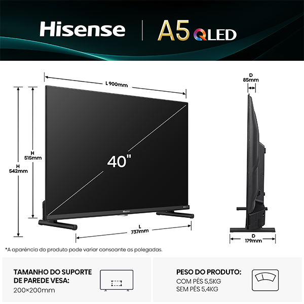 HISENSE QLED 40"FHD SMARTTV 2HDMI 1USB (F)