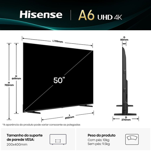 HISENSE LED 50"4K UHD SMARTTV 3HDMI 2USB (E)