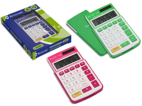 Bismark Calculadora Escolar de 8 Digitos - Tapa Dura - Funções Basicas y Memoria - Alimentação Solar e a Pilas - Cores Sortidas