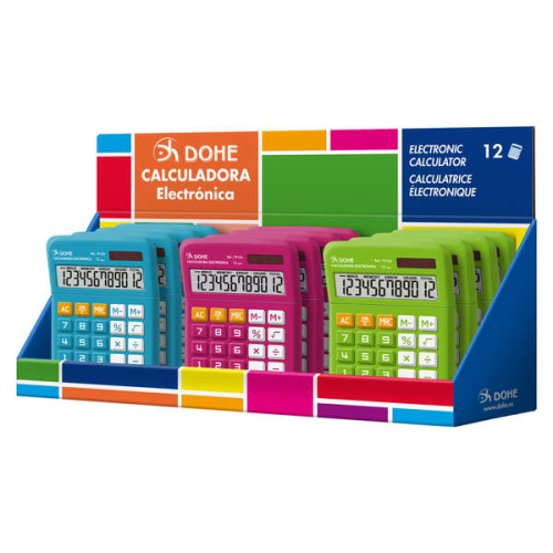 Dohe Expositor de 12 Calculadoras - Alimentação Solar e a Pilas - 12 Digitos - Teclas de Memoria - Cores Sortidas