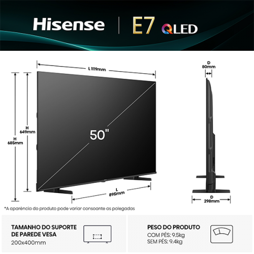 HISENSE QLED 50"4K UHD SMART TV 3HDMI 2USB (E)