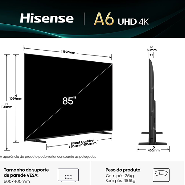Hisense 85A6Q TV 85"UHD Smart Tv Dolbyvision DTSX