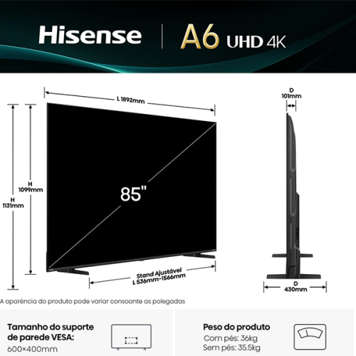 Hisense 85A6Q TV 85"UHD Smart Tv Dolbyvision DTSX