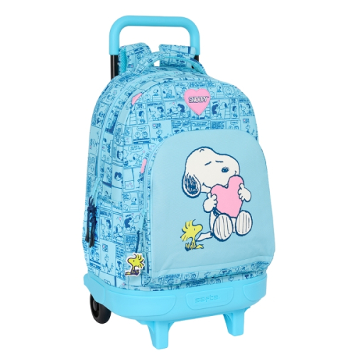 Safta Snoope Love Mochila com Carro Integrado - Removível para Facilitar a Limpeza - Base Reforçada - Asa Extraível - 33x45x22cm - Azul Claro