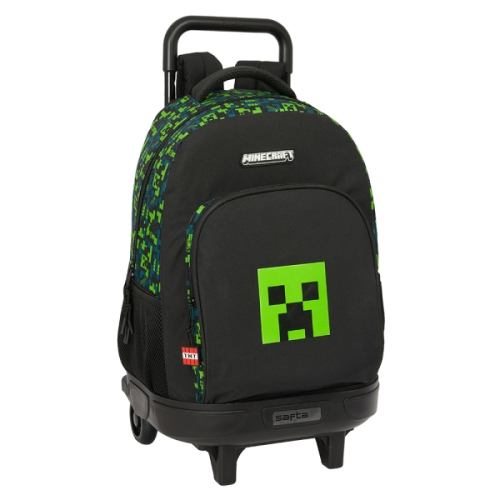 Safta Minecraft TNT Mochila com Carro Integrado - Removível para Facilitar a Limpeza - Base Reforçada - Asa Extraível - 33x45x22cm - Verde