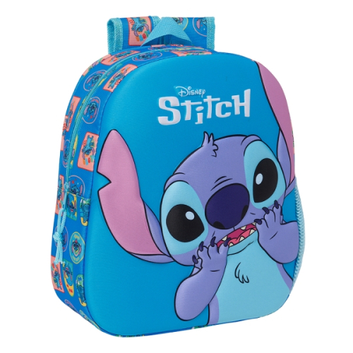 Safta Stitch Mochila 3D - Asa de Mão - Porta-Garrafas Lateral - 27x33x10cm - Azul