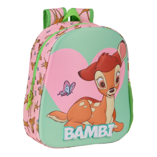 Safta Bambi Mochila 3D - Asa de Mão - Porta-Garrafas Lateral - 27x33x10cm - Verde Pastel