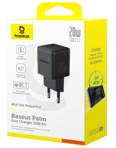 Carregador Baseus Palm Fast Charger C+U 20W Eu Cluster Black