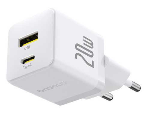 Carregador Baseus Palm Fast Charger C+U 20W Eu Moon White (With Baseus Mini White Cable Usb-C To Usb