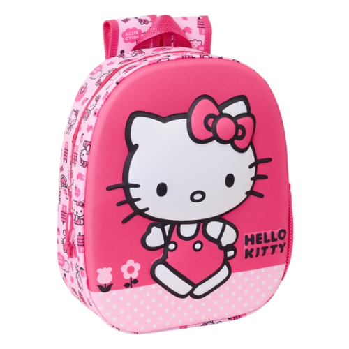 Safta Hello Kitte Mochila 3D - Asa de Mão - Porta-Garrafas Lateral - 27x33x10cm - Rosa