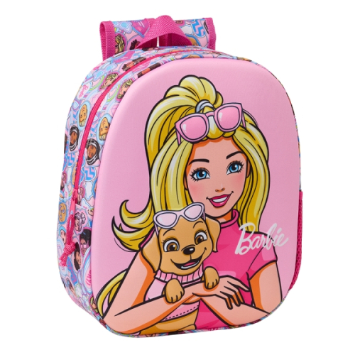 Safta Barbie Mochila 3D - Asa de Mão - Porta-Garrafas Lateral - 27x33x10cm - Rosa