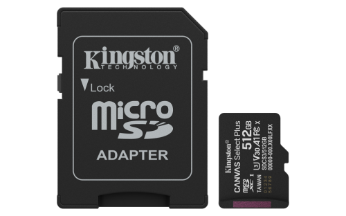 KINGSTON SDCARD 512GB MICRO SDXC CANVAS SELECT PLUS GEN3 150MB/s A1+ADAP