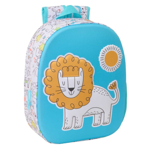 Safta Lion Mochila 3D de 8.64L - Porta-Garrafas - Cartão de Identificação Pessoal - Ombreiras Acolchoadas - 27x33x10cm - Branco e Azul