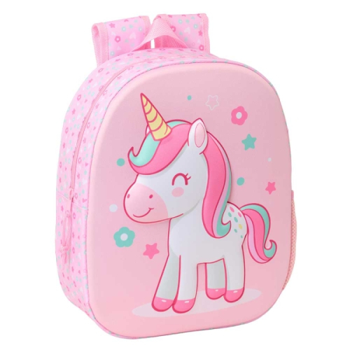 Safta Unicorn Mochila 3D de 8.64L - Porta-Garrafas - Cartão de Identificação Pessoal - Ombreiras Acolchoadas - 27x33x10cm - Rosa Pastel