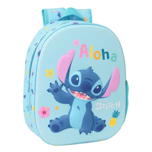 Safta Stitch Mochila 3D de 8.64L - Porta-Garrafas - Cartão de Identificação Pessoal - Ombreiras Acolchoadas - 27x33x10cm - Azul Claro