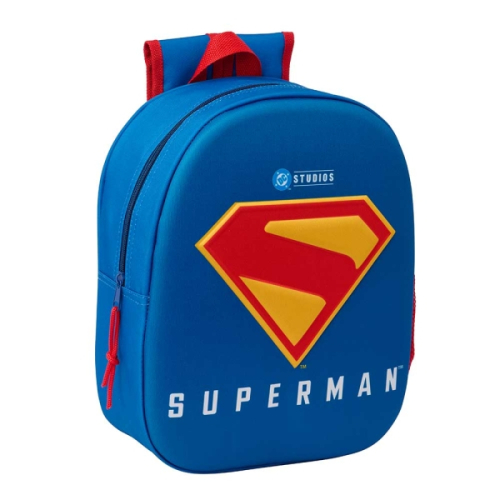 Safta Superman Mochila 3D de 8.64L - Porta-Garrafas - Cartão de Identificação Pessoal - Ombreiras Acolchoadas - 27x33x10cm - Vermelho e Azul