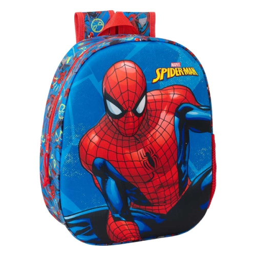 Safta Spider-Man Mochila 3D de 8.64L - Porta-Garrafas - Cartão de Identificação Pessoal - Ombreiras Acolchoadas - 27x33x10cm - Vermelho e Azul