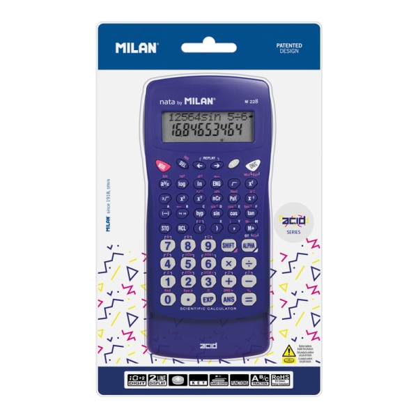 Calculadora Científica Milan Nata M228 com 10+2 dígitos - Visor de 2 linhas - 228 funções integradas - Estojo de proteção - Azul