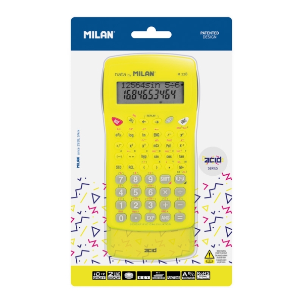 Calculadora Científica Milan Nata M228 com 10+2 dígitos - Visor de 2 linhas - 228 funções integradas - Estojo de proteção - Amarelo