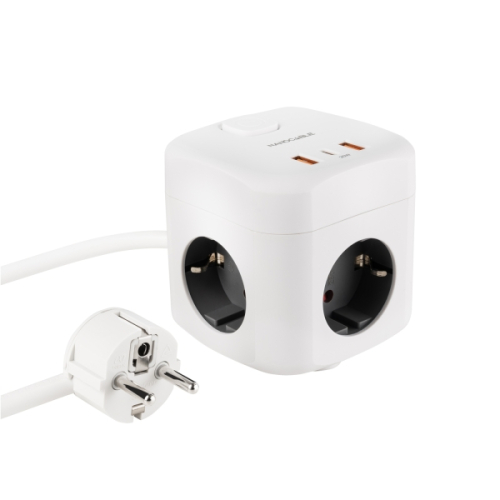 Régua de tomadas Nanocable Schuko com 3 entradas + 2 portas USB-A e 1 porta USB-C - Tecnologia GaN,PPS e PD - 20W - Cabo de 1,40m - Branca