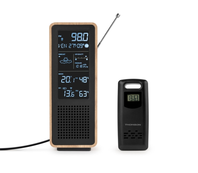 Coluna Bluetooth Thomson com estação meteorológica e rádio FM - Potência musical de 15 W - Ecrã retroiluminado - Sonda exterior sem fios - Madeira e P