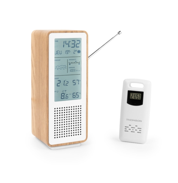 Coluna Bluetooth Thomson com estação meteorológica e rádio FM - Potência musical de 15 W - Ecrã retroiluminado - Sonda exterior sem fios - Madeira e B