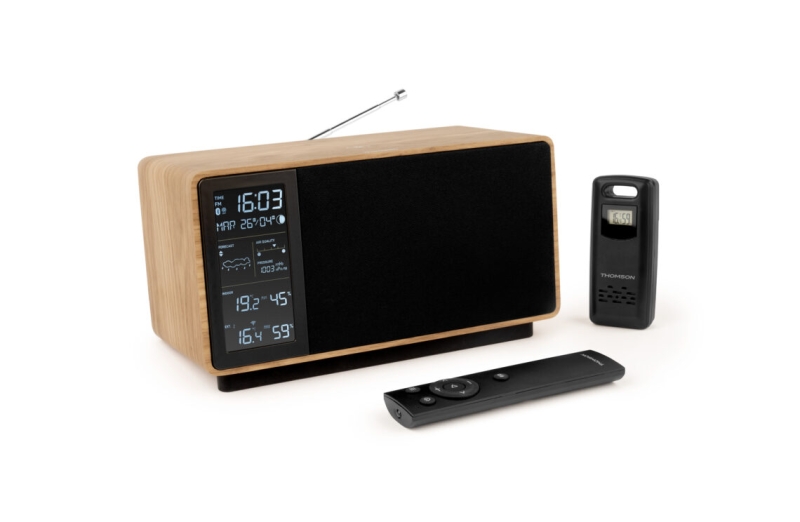 Coluna Bluetooth Thomson com estação meteorológica e rádio FM - Potência musical de 50 W - Ecrã retroiluminado - Sonda exterior sem fios - Madeira e P