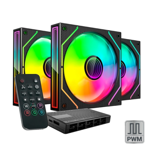 Kit com 3 ventoinhas de 120 mm Mars Gaming MF-3DPROKIT - Iluminação ARGB Infinity Mirror 360º - Silencioso (12 dB) - Comando e hub ARGB - Preto
