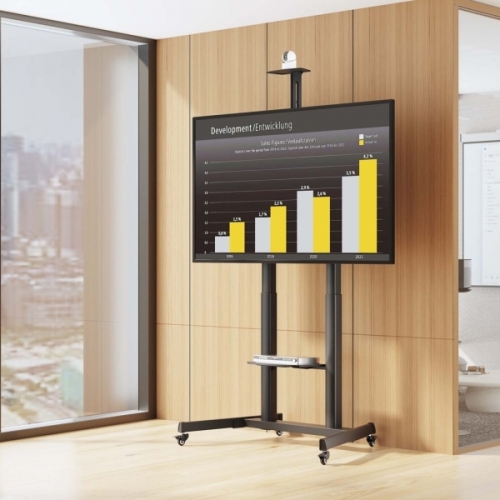 Suporte de chão Aisens ECO com rodas e manivela - Bandeja de DVD e suporte para câmara para monitor/TV - Até 120 kg - 60 a 100 polegadas - Preto