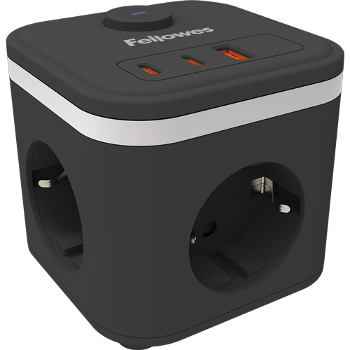 Cubo de Tomadas de Mesa Fellowes com 3 Tomadas de 230V + 2x USB-C 20W máx. - 1x USB-A 18W máx. - Cabo de 2m - Interruptor Ligar/Desligar - Preto