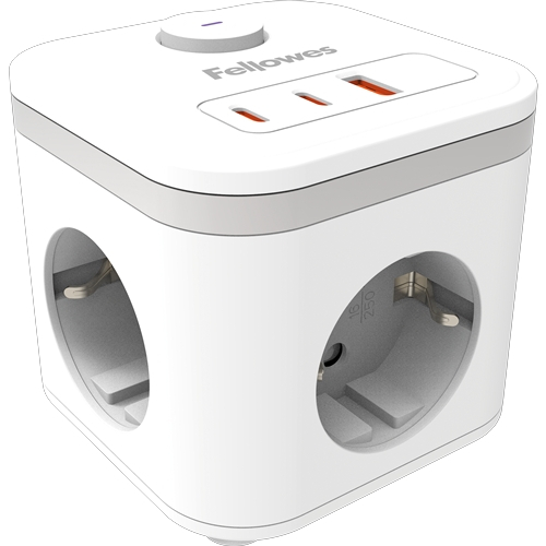 Cubo de Tomadas de Mesa Fellowes com 3 Tomadas de 230V + 2x USB-C 20W máx. - 1x USB-A 18W máx. - Cabo de 2m - Interruptor Ligar/Desligar - Branco