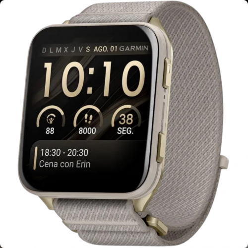 Garmin Venu X1 Caixa em titânio dourado Pulseira em nylon ComfortFit Cinzento
