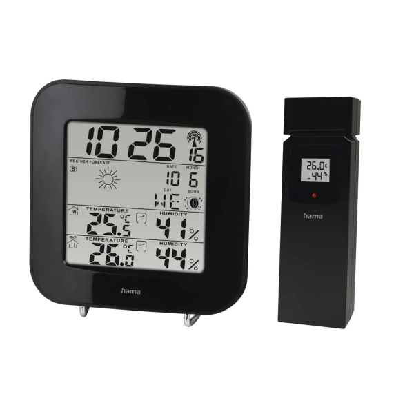 Estação Meteorológica Hama EWS-200 - Relógio - Previsão do Tempo - Sensor Exterior - Radiofrequência - Termómetro - Higrómetro - 11x2,5x11cm - Cor Pre