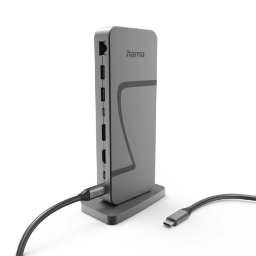 Hub Hama Essential USB 2.0/3.2 - 140 W - Cabo USB-C de 40 cm - 2,5 Gbps - DisplayPort 8K - HDMI 4K - 3 portas USB-C - 4 portas USB-A - Cinzento