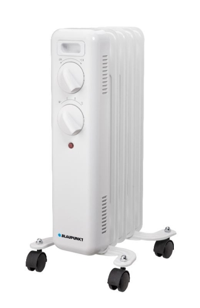 Radiador de óleo Blaupunkt - Potência de 1000 W - Termostato ajustável - Rodas - Pega de transporte - Luz indicadora - Branco