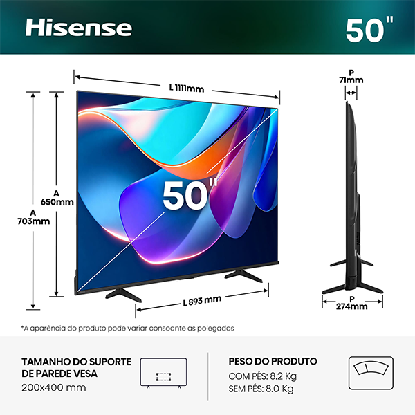 HISENSE Série A6S 50INCH UHD 4K 60Hz USB HDMI AV RJ45