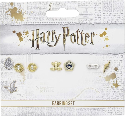 Conjunto Brincos Stud - Harry Potter:Time Turner,Sapo de Chocolate,Óculos e Raio