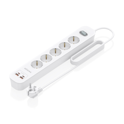 Régua de tomadas Aisens com 5 entradas,interruptor,carregamento rápido (PD),2 portas USB-C e 2 portas USB.